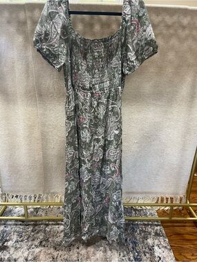 Smocked Olive Paisley Maxi Dress with Puff Sleeves
